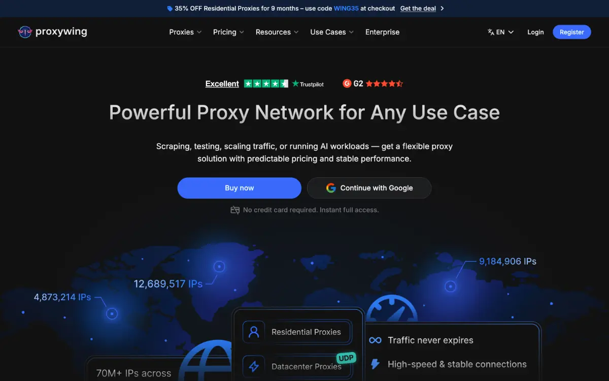 Скриншот главной страницы ProxyWing