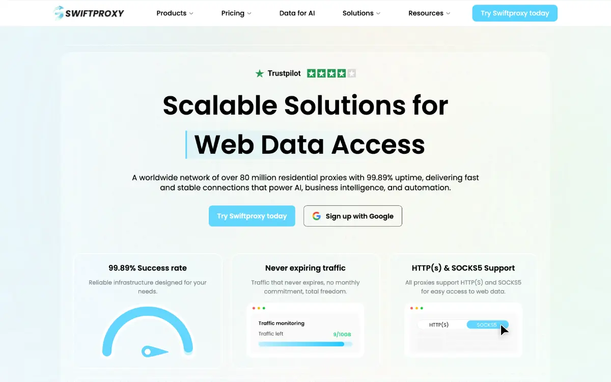 Скриншот главной страницы Swiftproxy
